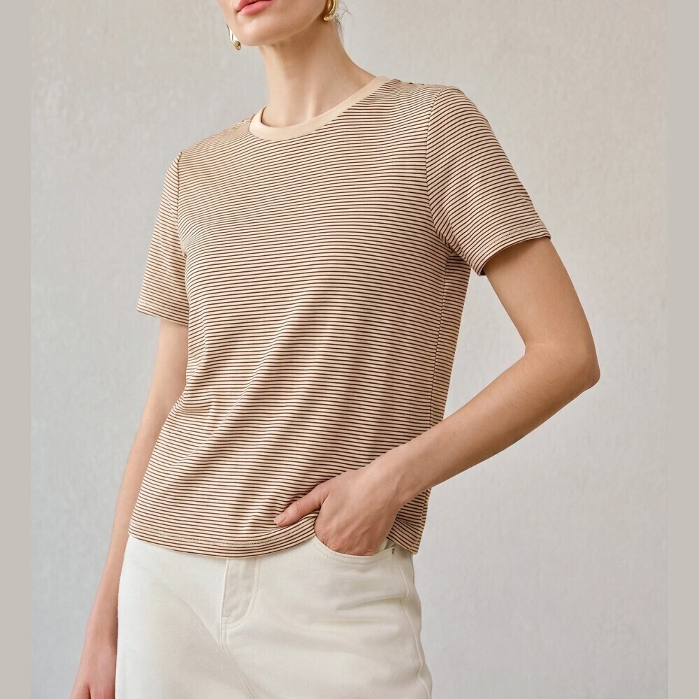 Tan Striped Ribbed Knit Round Neck Short Sleeve Tee